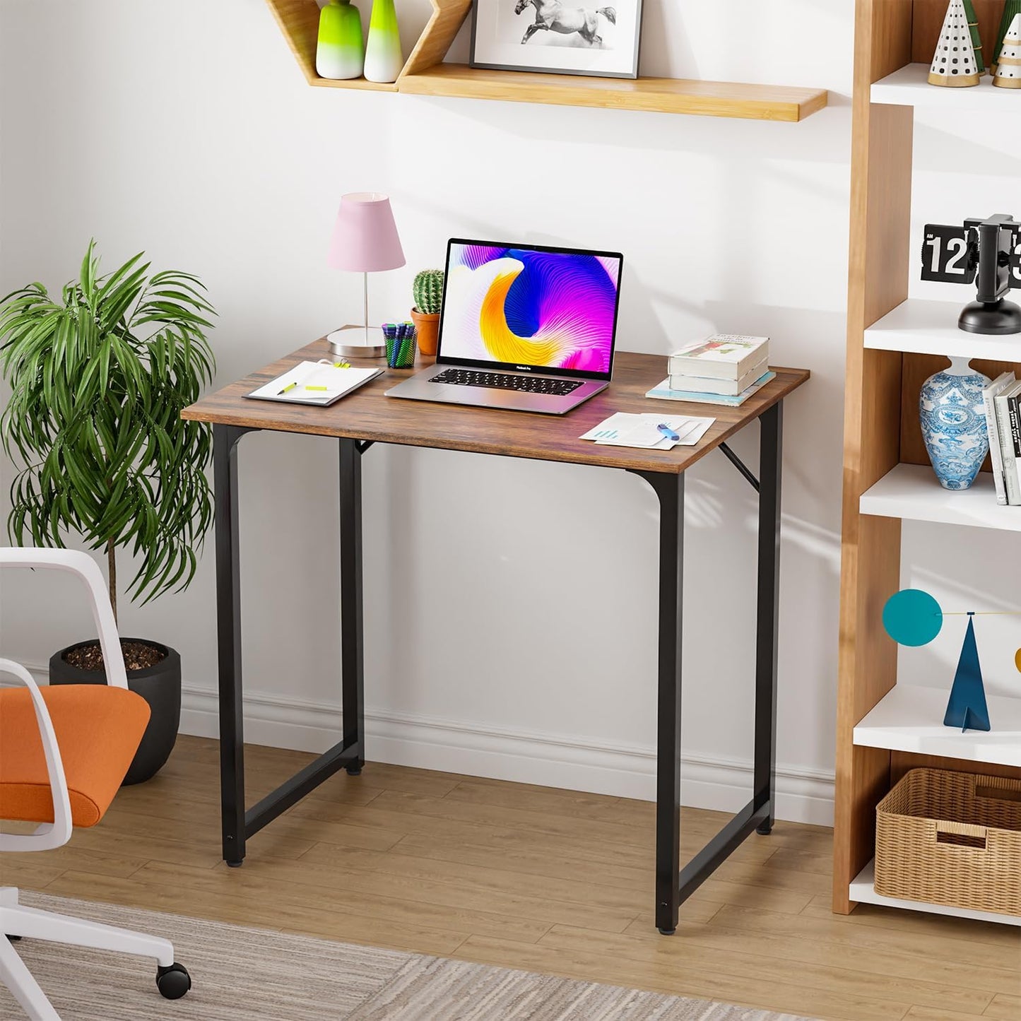 PayLessHere | 32 Inch Computer Desk | Brown | Office Desk with Metal Frame, Adjustable Feet |