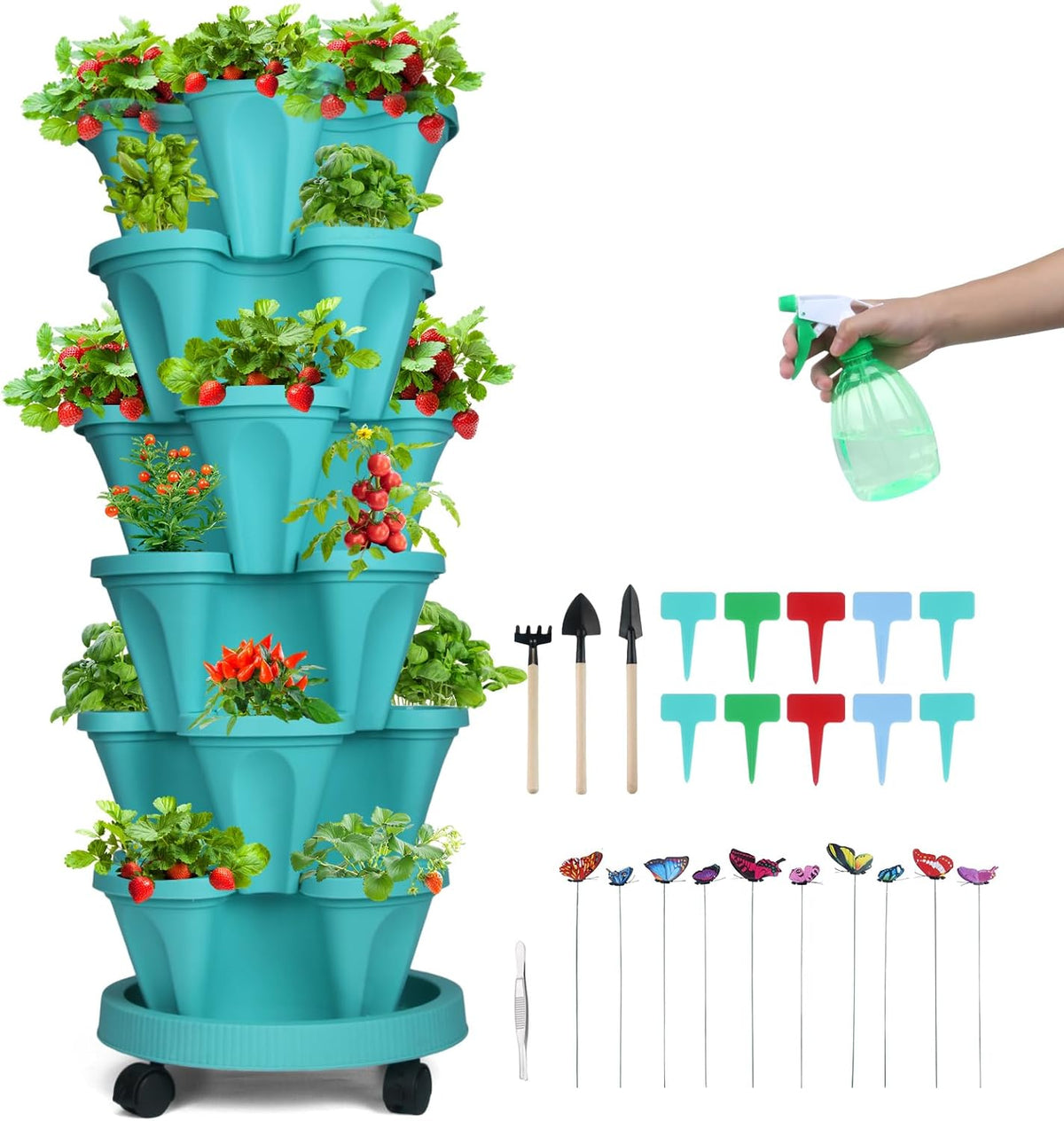 Vertical Planter, 6 Tier Stackable Strawberry Planter with Garden Tool Set, Movable Indoor/Outdoor