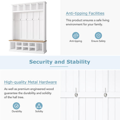 Merax Wood Farmhouse Hall Tree with Storage Entryway Bench, 3-in-1 Coat Racks with 6 Hooks &Shelves
