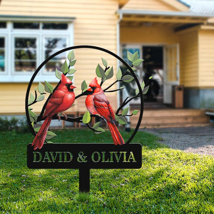 Personalized Name Garden Cardinal Metal Signs with Stake, Custom Family Name Yard Decor for Outdoor