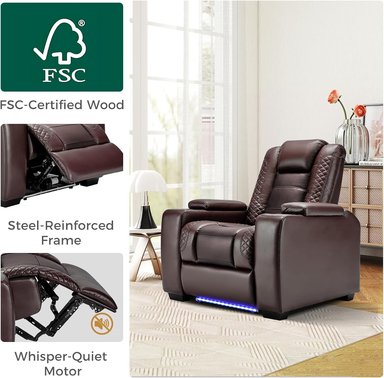 ANJ Power Home Theater Seating, PU Leather Electric Recliner Chair with Powered Headrest, Dual