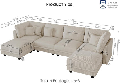 LLappuil Modular Sectional Sofa with Storage, U-Shaped Convertible Sleeper Couch, 6-Seat Oversized