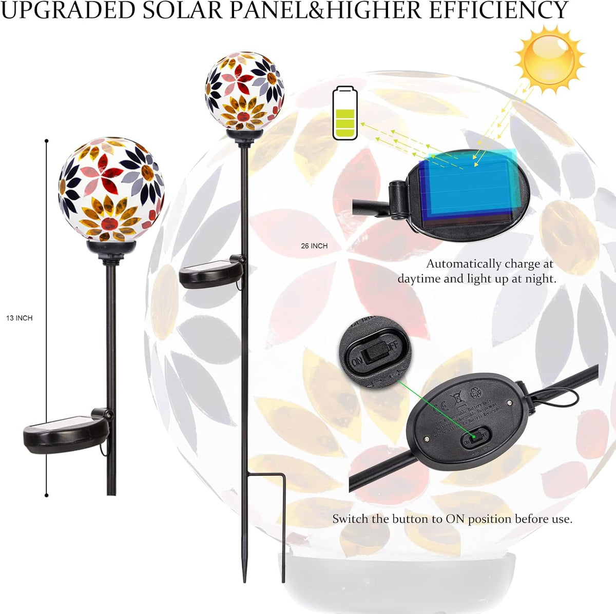 VCUTEKA Solar Garden Lights, Mosaic Solar Lights Outdoor Decor Pathway Light Waterpoof LED Stake