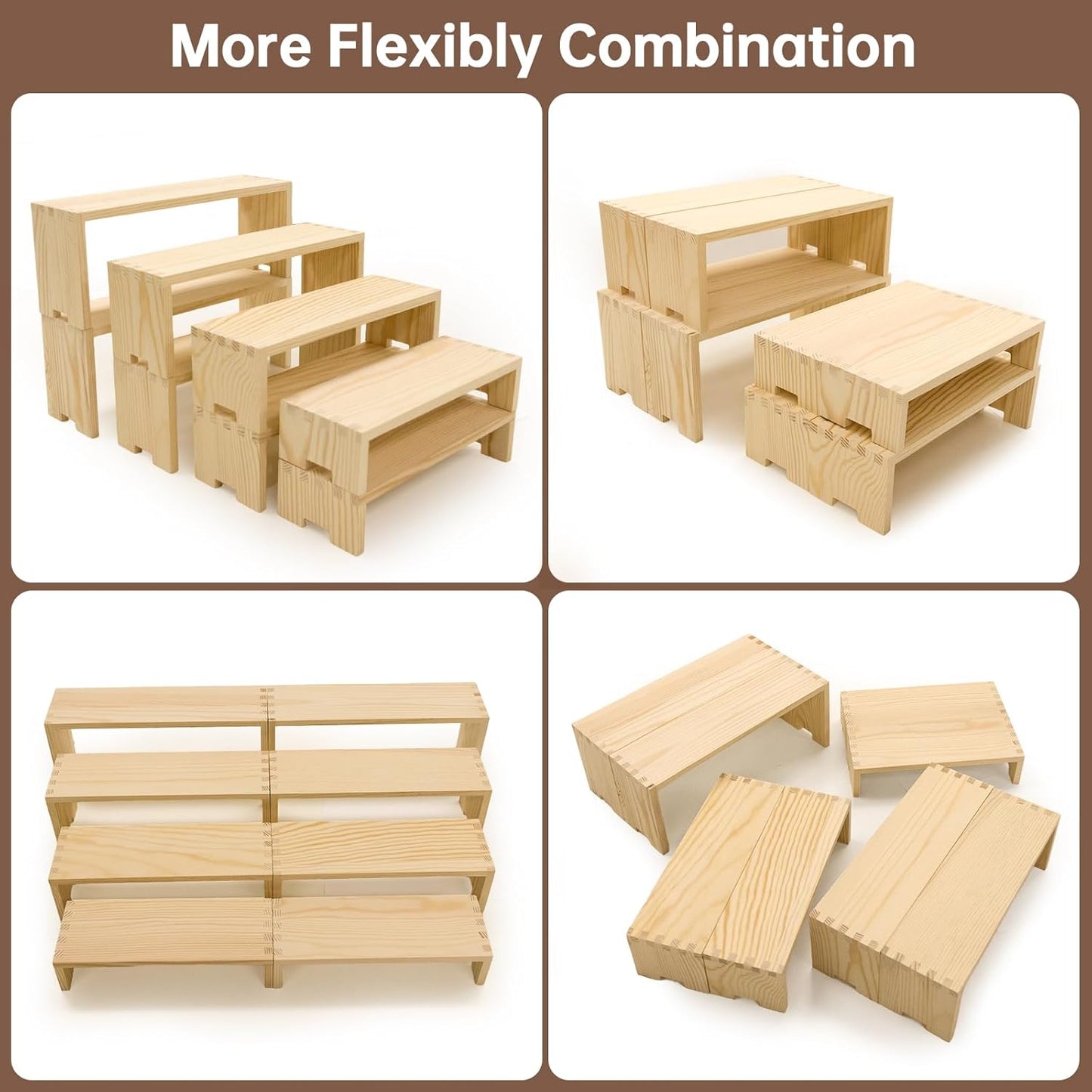 Large Display Wood Risers Wooden Stand 8 Tier Wood Racks Decorative Rectangular, 2 Set 8 Pieces