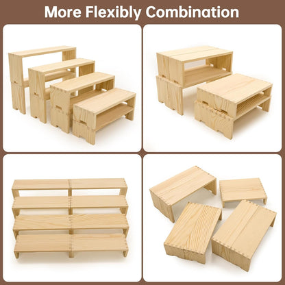 Large Display Wood Risers Wooden Stand 8 Tier Wood Racks Decorative Rectangular, 2 Set 8 Pieces