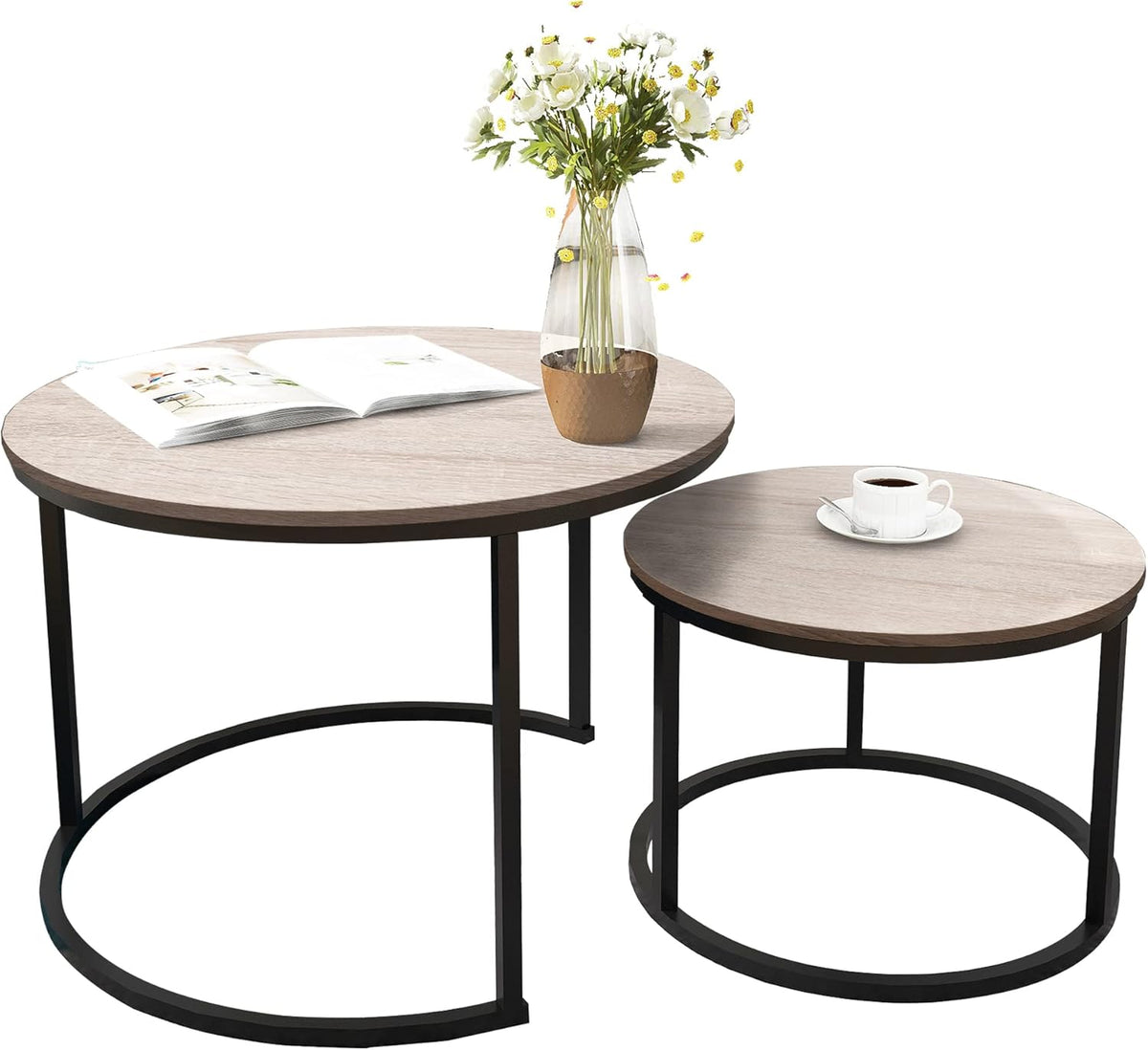 Round Coffee Tables Nesting Side Set of 2 End Tables for Living Room,Round Table with Solid