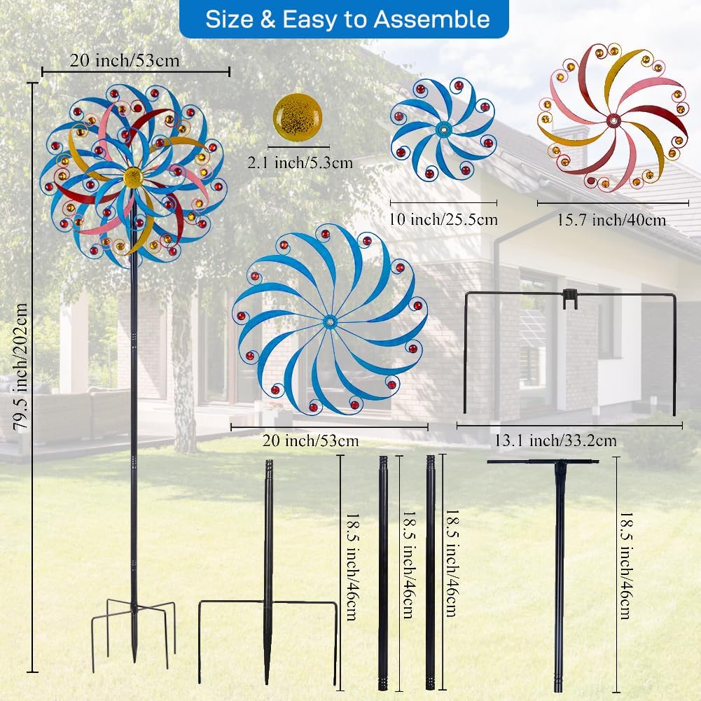 DREAMYSOUL Wind Spinners Outdoor, 20 Inches Dia Extra Large Metal Wind Spinner, Colorful Windmills