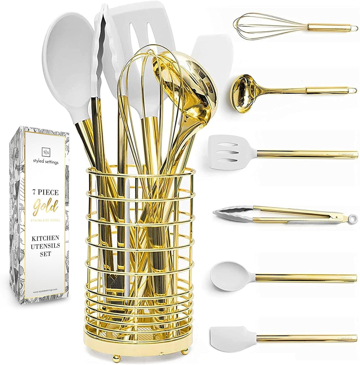 White Silicone and Gold Cooking Utensils Set with Gold Utensil Holder - 7-Piece Silicone Cooking