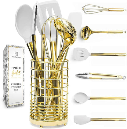 White Silicone and Gold Cooking Utensils Set with Gold Utensil Holder - 7-Piece Silicone Cooking