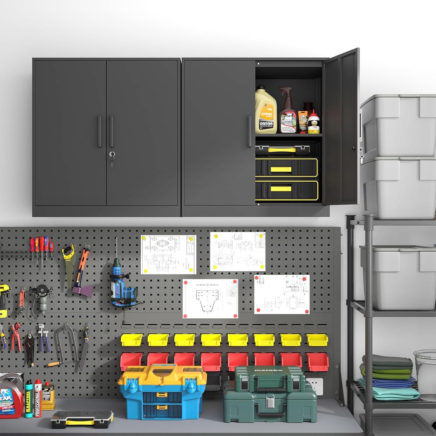 Metal Wall Cabinet,Garage Wall Cabinetwith Handle,Lockable Storage Cabinets Wall Mounted with 2
