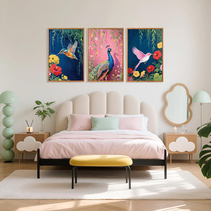 Aurlan Colorful Birds Flowers Framed Wall Art(16"x24"), 3PCS Large Classic Elegance Hummingbird