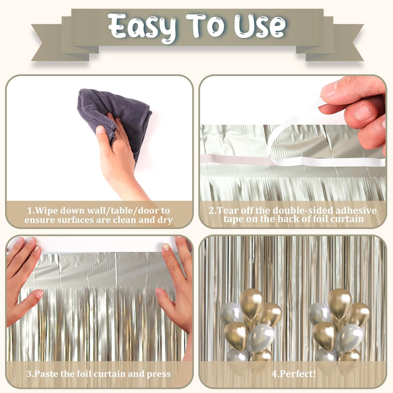 3 Pack 3.3 x 8.2 ft Matte Champagne Foil Fringe Backdrop Curtains, Gold Tinsel Streamers Party