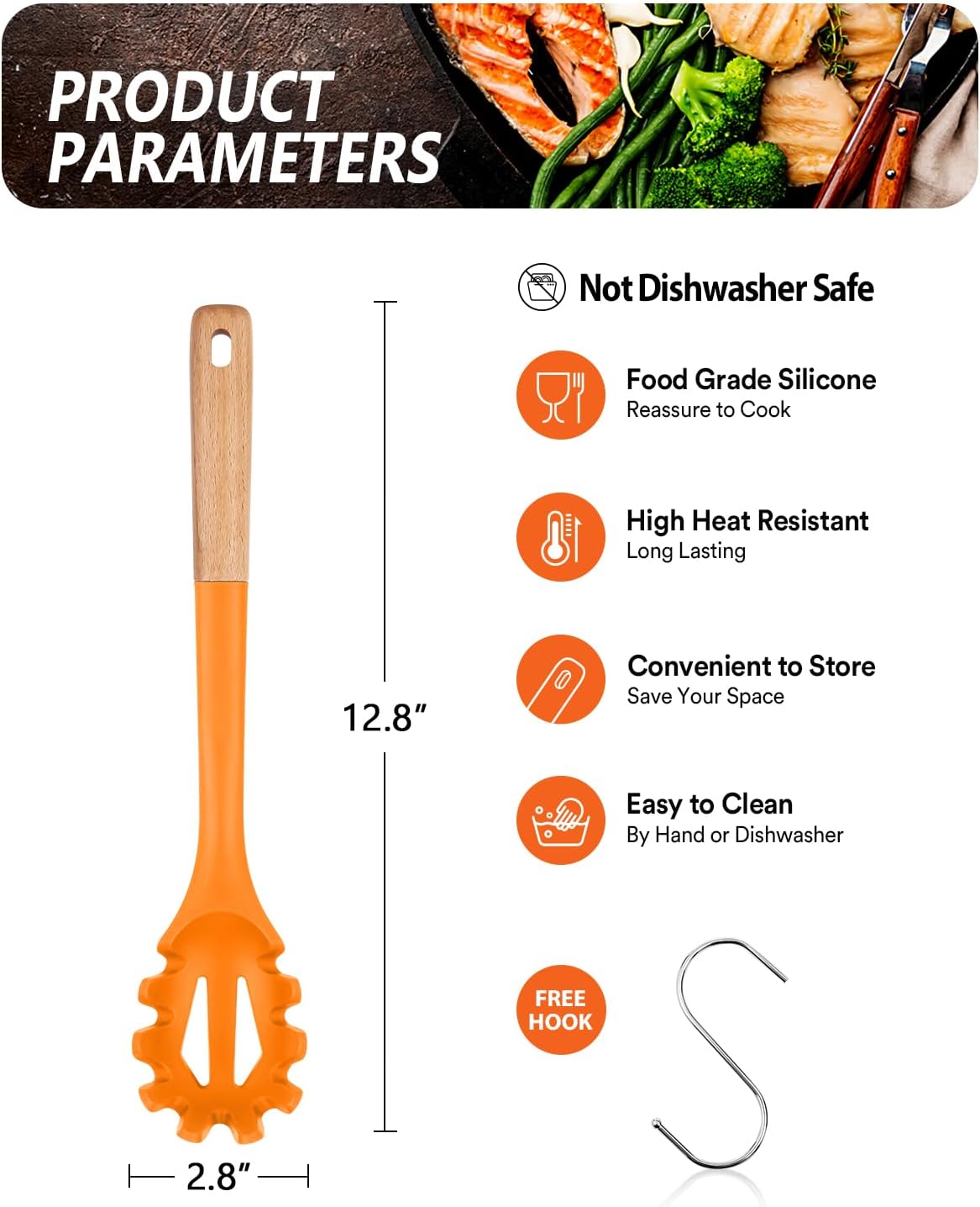 Silicone Pasta Fork, Kitchen Heat Resistant Noodle Spoon Server, BPA Free Spaghetti Strainer,12.8