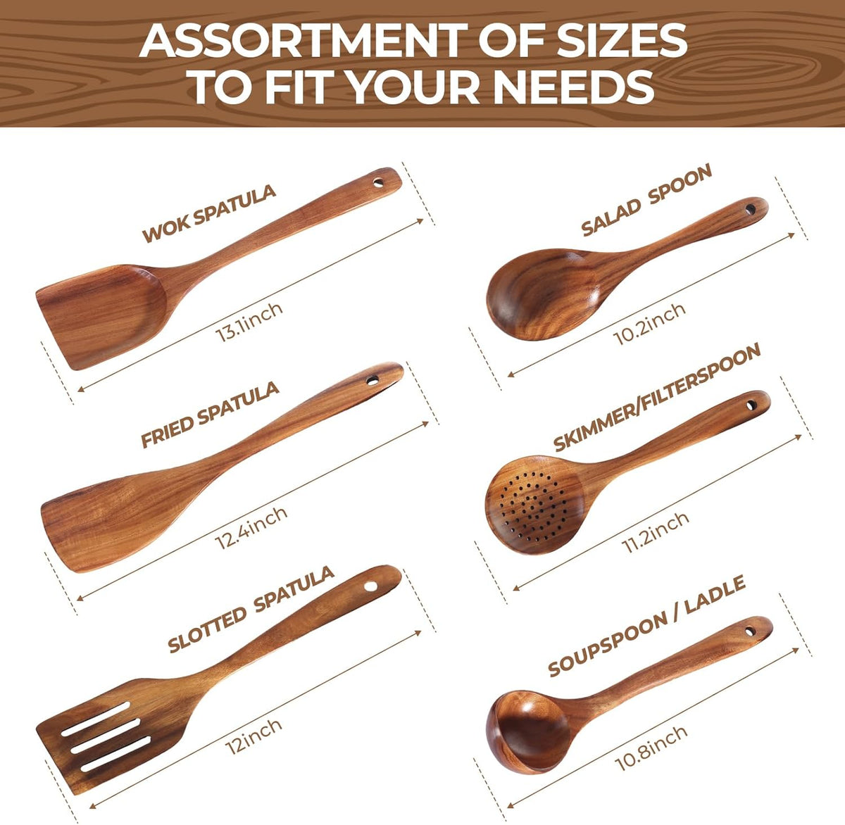 AIUHI Nonstick Natural Wooden Kitchen Utensils Set, Smooth Finish Teak Wood Spoons for Cooking
