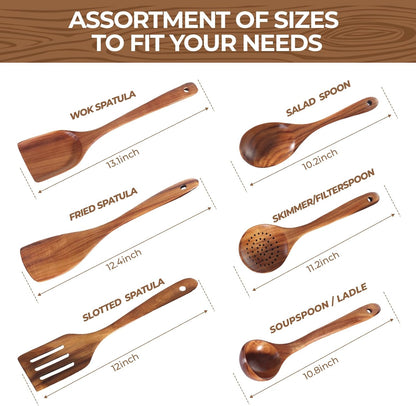 AIUHI Nonstick Natural Wooden Kitchen Utensils Set, Smooth Finish Teak Wood Spoons for Cooking