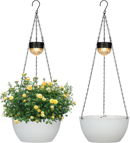 2 Packs Hanging Planters Basket for Outdoor Plants, Solar Powered Self Watering White Round Plastic
