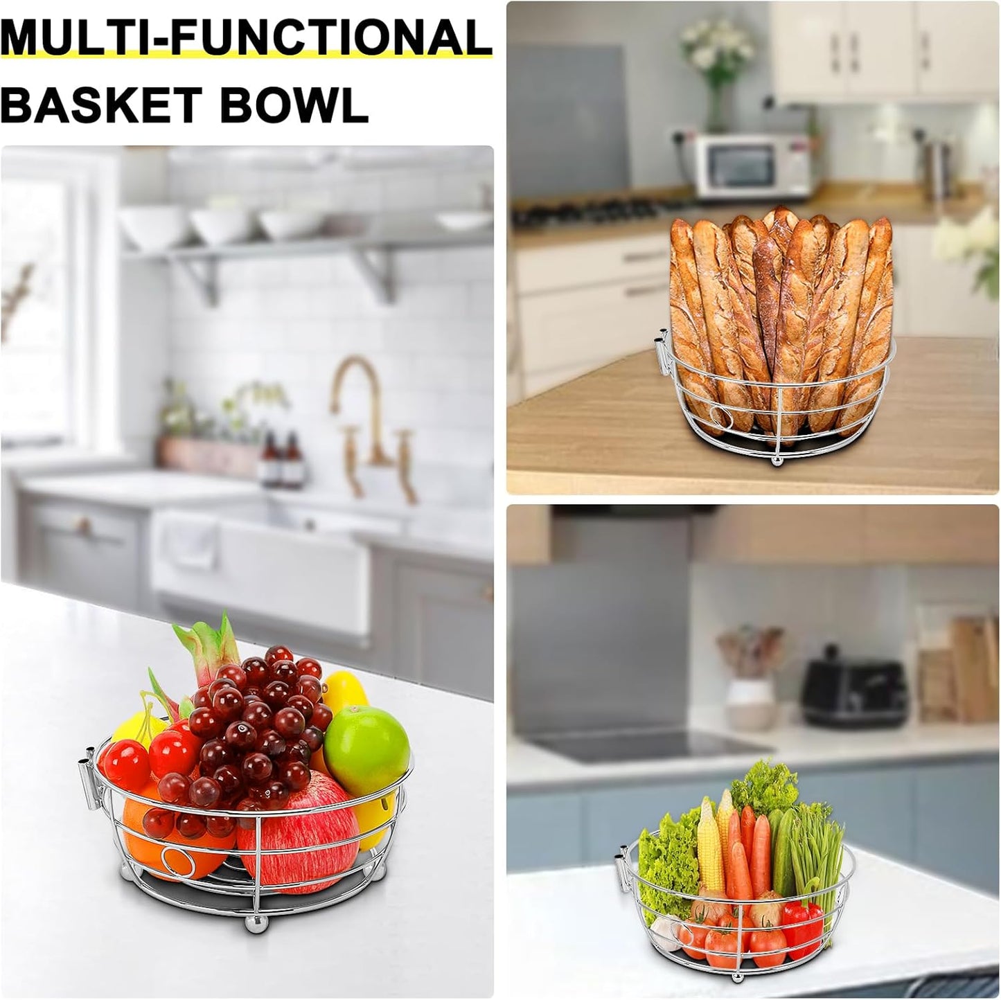 Livabber Countertop Fruit Basket Bowl with Banana Hanger, Modern Standing Fruit Vegetable Bowl
