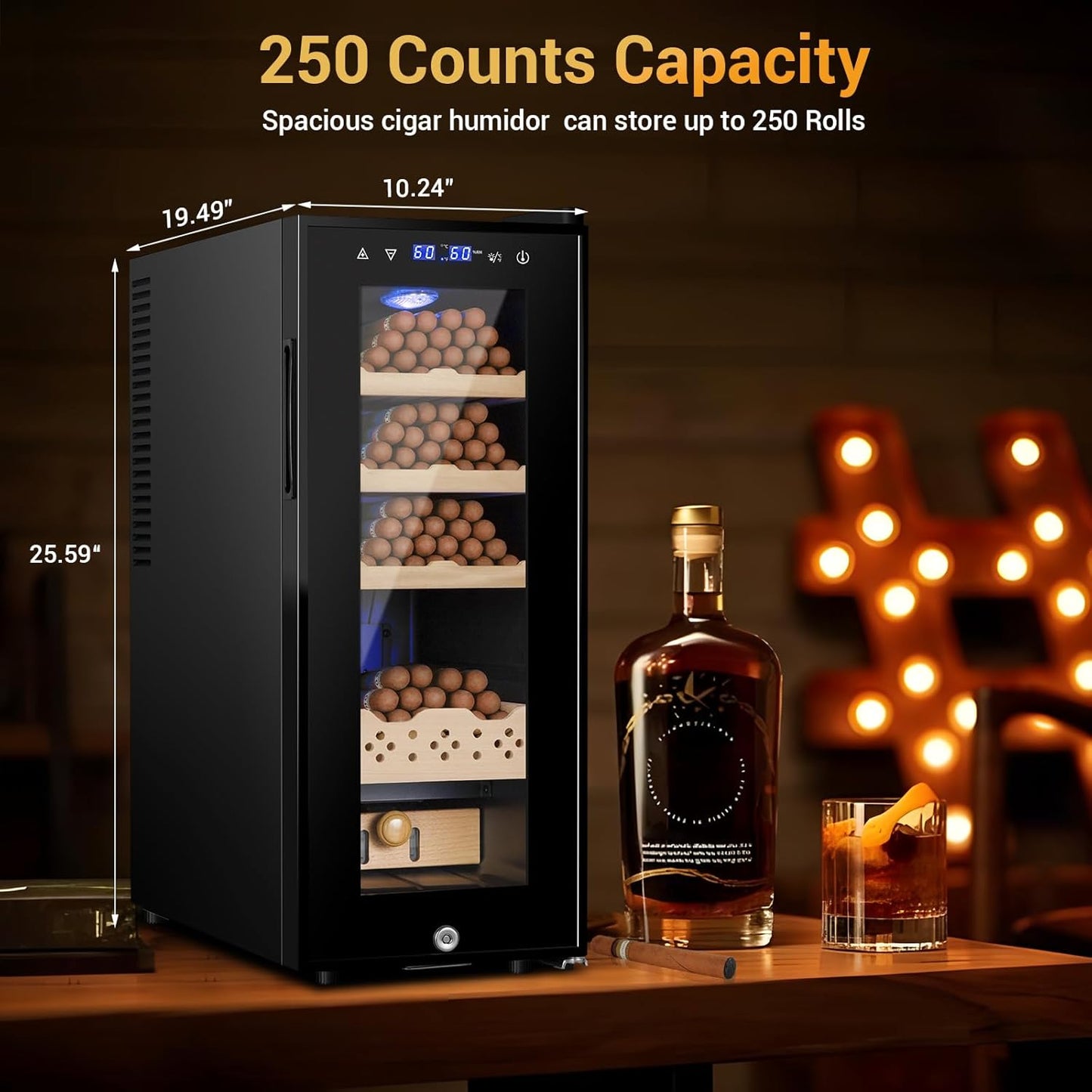 Electric Humidor for Cigars, 35L 250 Counts Large Capacity Thermostatic Desktop Humidor Cabinet