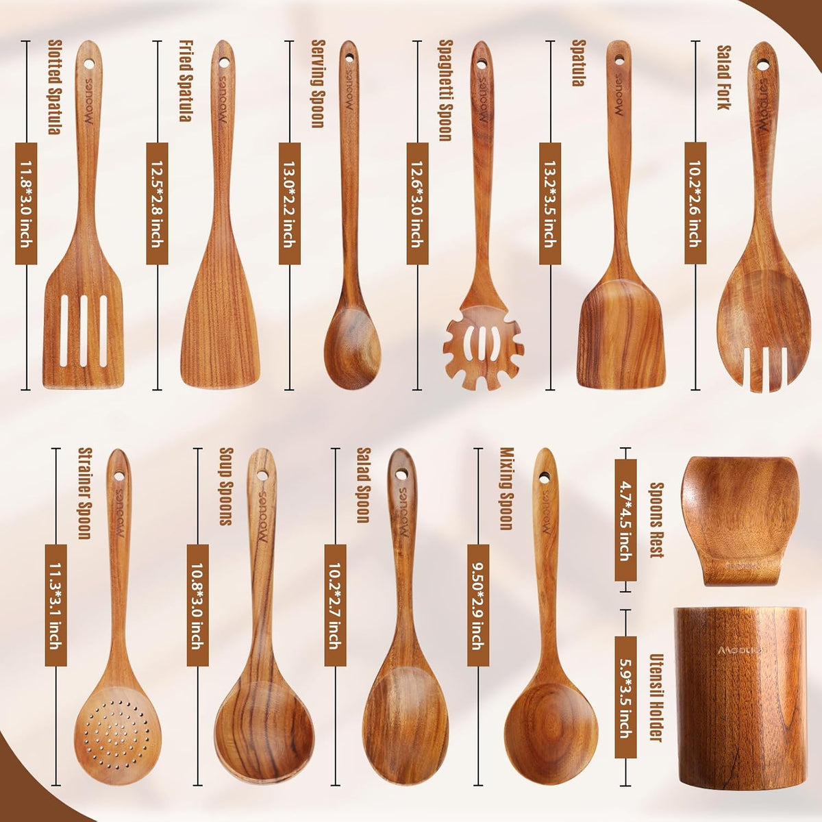 Wooden Spoons for Cooking, 12PCS Teak Wooden Kitchen Utensil Set with Spoon Rest - Smooth Finish