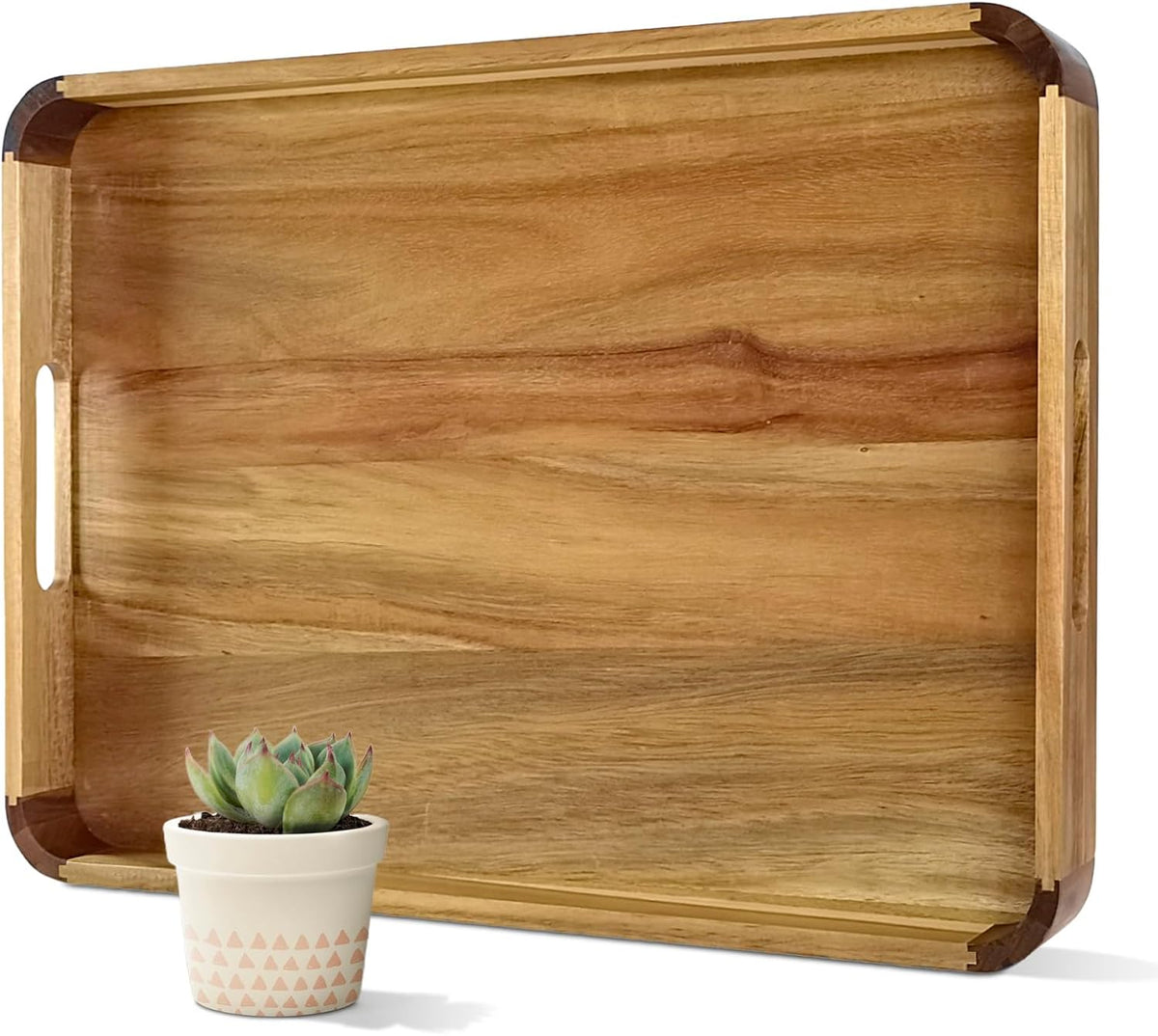22 Inches Acacia Wood Serving Tray with Handles, Large Wooden Rectangle Ottoman Tray, Nice Home