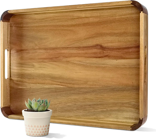22 Inches Acacia Wood Serving Tray with Handles, Large Wooden Rectangle Ottoman Tray, Nice Home