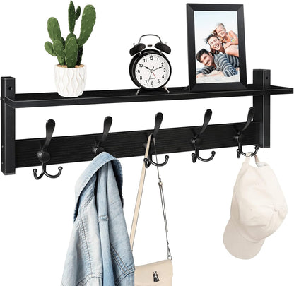 Homode Coat Rack with Shelf, 24" Coat Hooks Wall Mounted with Shelf, Wooden Hanging Coat Hanger