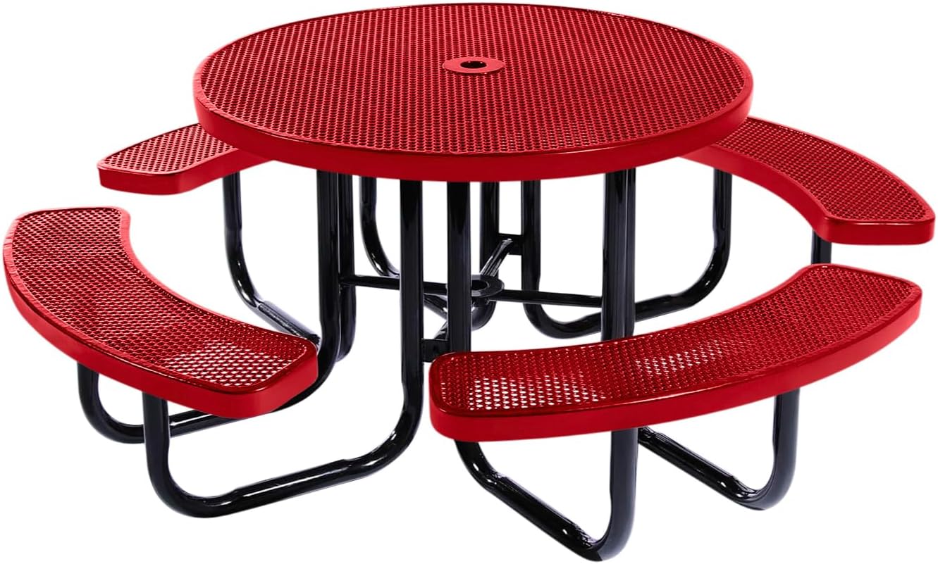 Heavy-Duty Portable Outdoor Picnic Table with Umbrella Hole, Punched Steel Commercial-Grade Patio