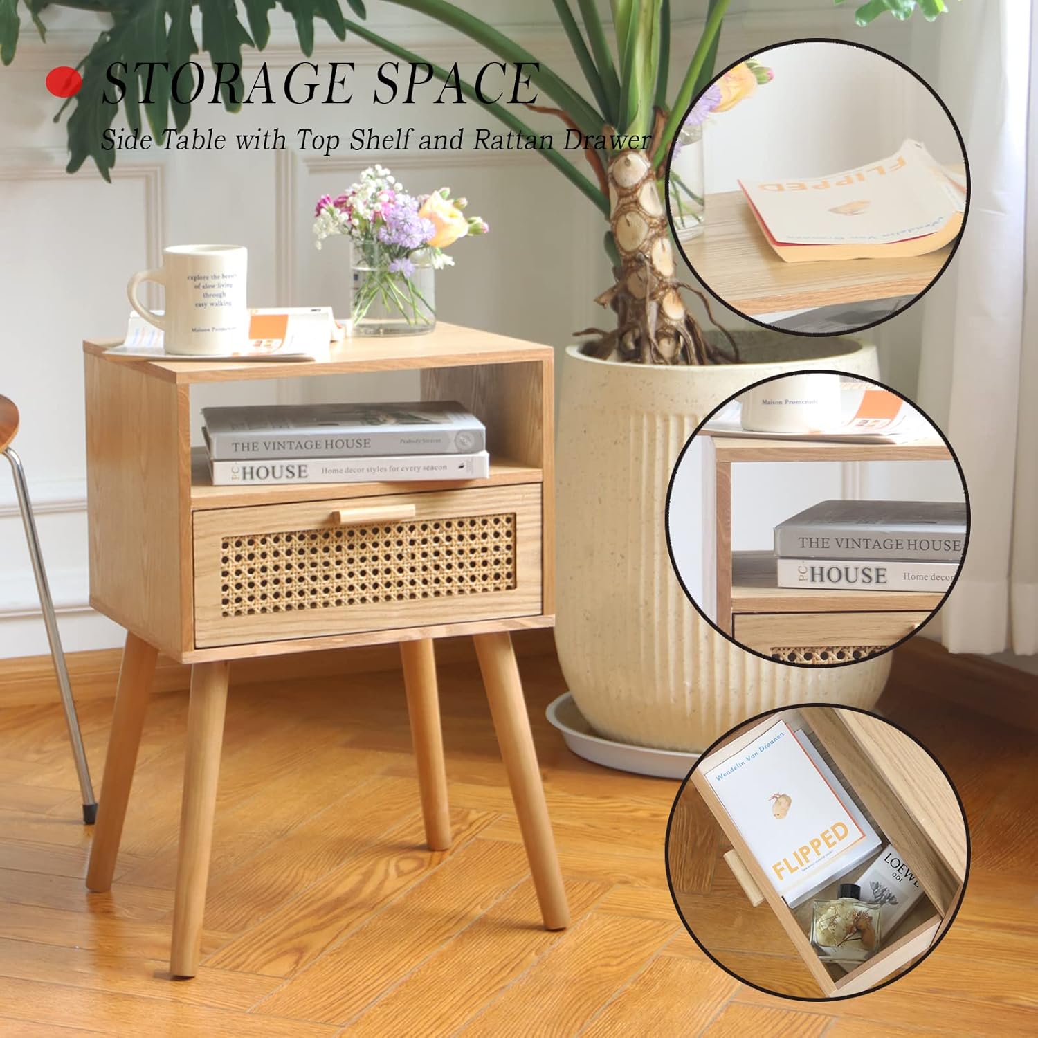 MaxSmeo Modern Nightstand Rattan Side End Table with Storage, for Living Room, Bedroom and Small
