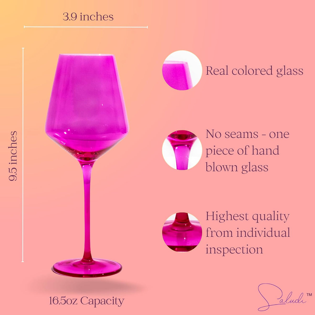 Saludi Colored Wine Glasses, 16.5oz (Set of 6) Stemmed Frida-Color Glass - Great for all Wine Types