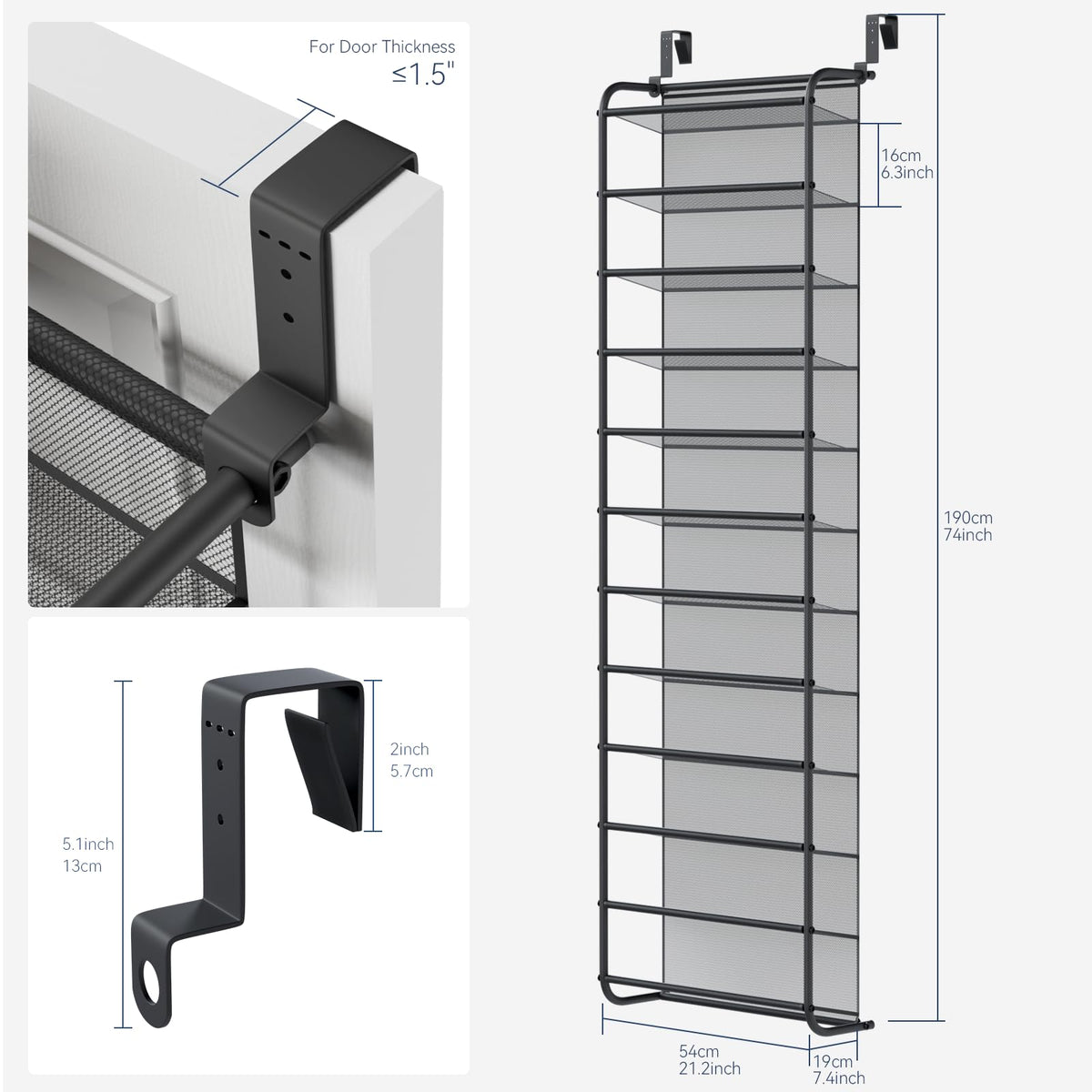 Whitmor 36 Pair Over the Door Shoe Organizer, 12 Tier Hanging Shoe Organizer, Heavy Duty Metal &