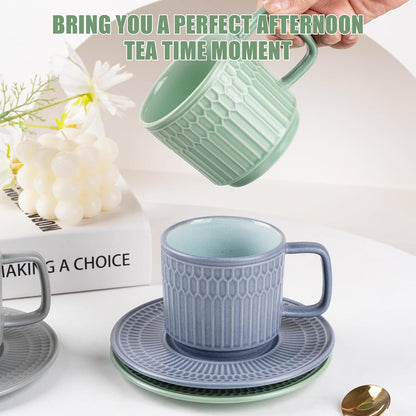 Large Cappuccino Cups with Saucers Set of 4, 8 Ounce Stackable Embossed Ceramic Coffee Mugs for