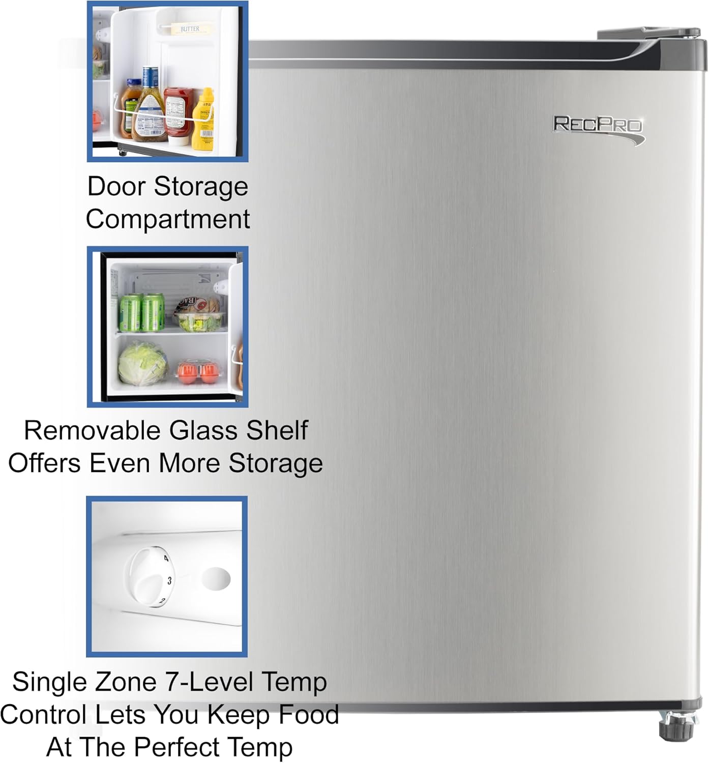 RecPro 1.7 Cu Ft 12V RV Refrigerator | Compact Fridge with Reversible Door, 2L Bottle Door Storage