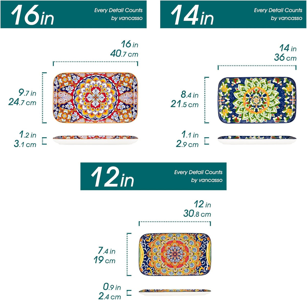 vancasso Serving Platters Set of 3, 16"/14"/12" Inch Rectangular Trays - Serving Platter Extra