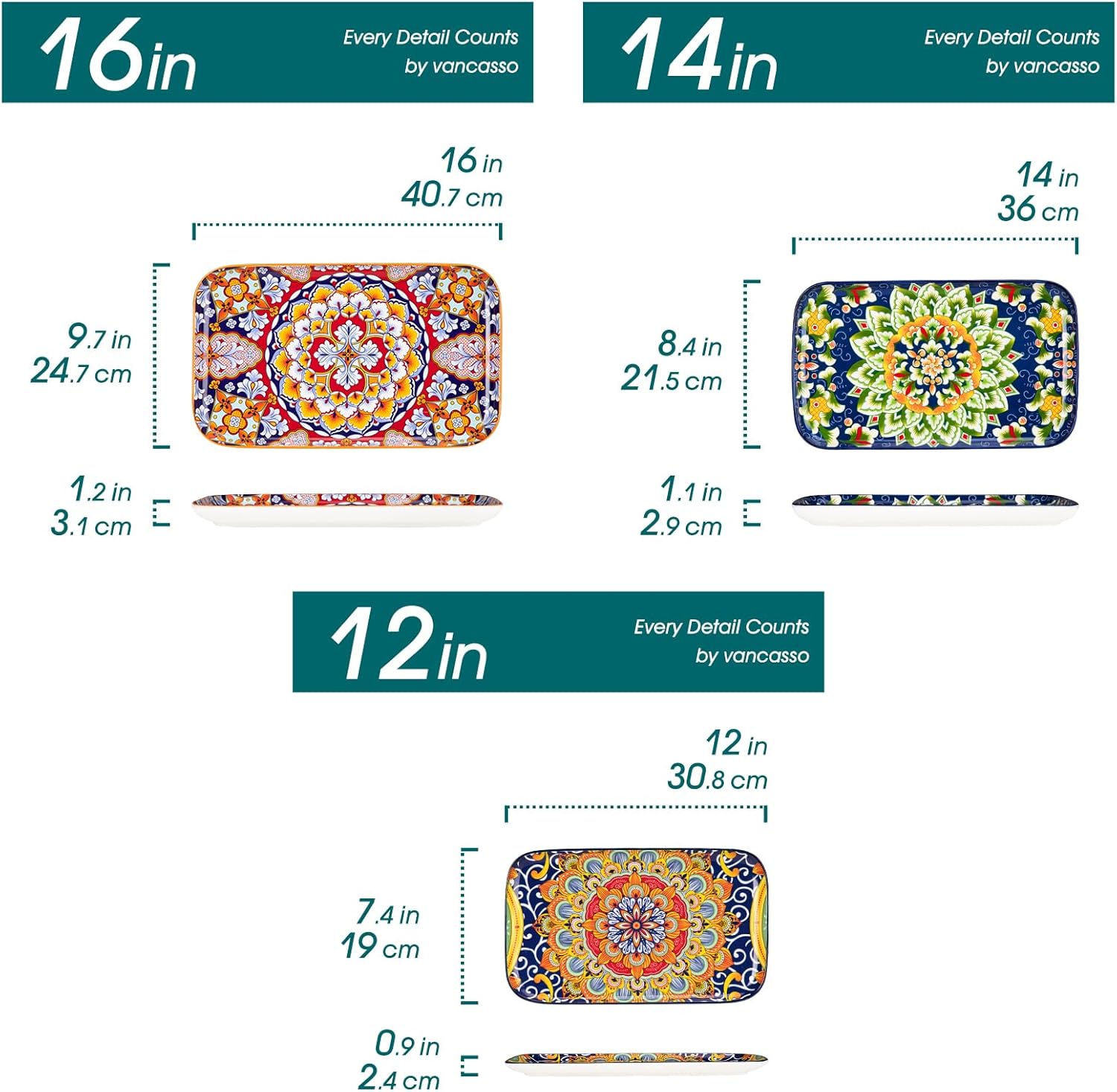 vancasso Serving Platters Set of 3, 16"/14"/12" Inch Rectangular Trays - Serving Platter Extra