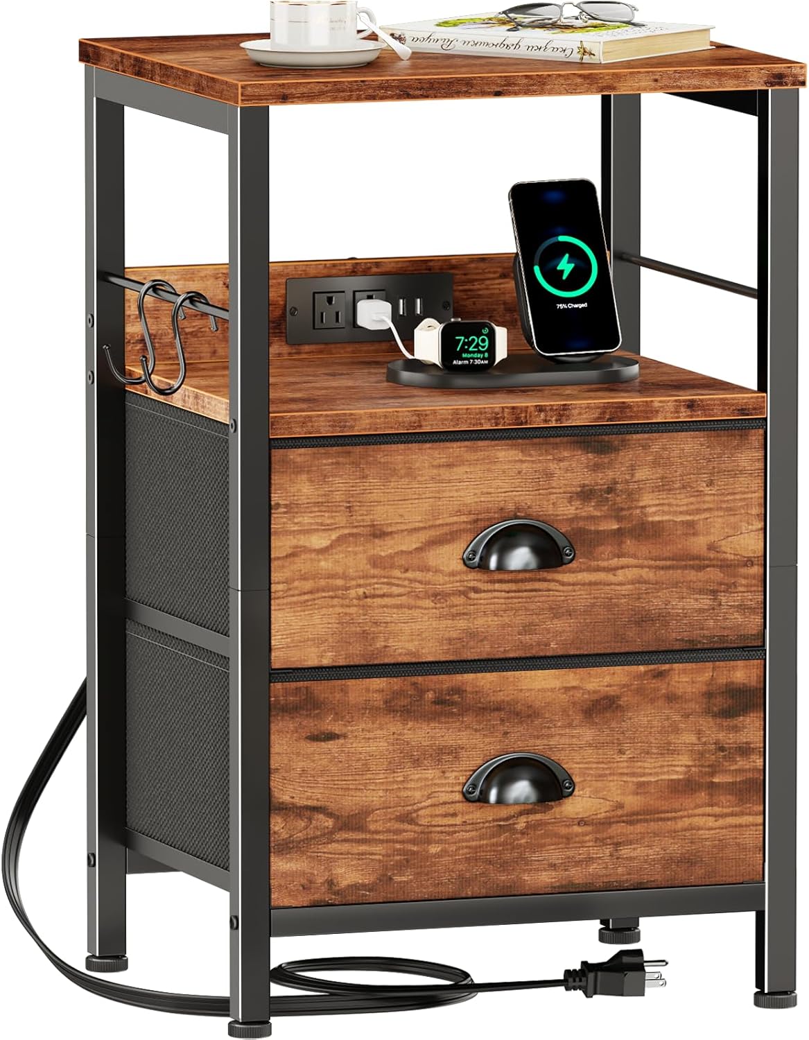 Furologee End Table with Charging Station, Nightstand with Fabric Drawers, Side Table with USB