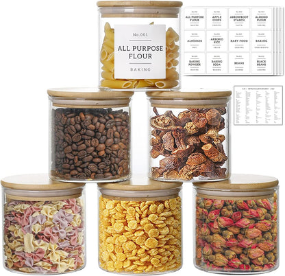 20 OZ Glass Food Storage Jars with 132 Pantry Labels Preprinted - 6 Pcs Thicken Glass Storage