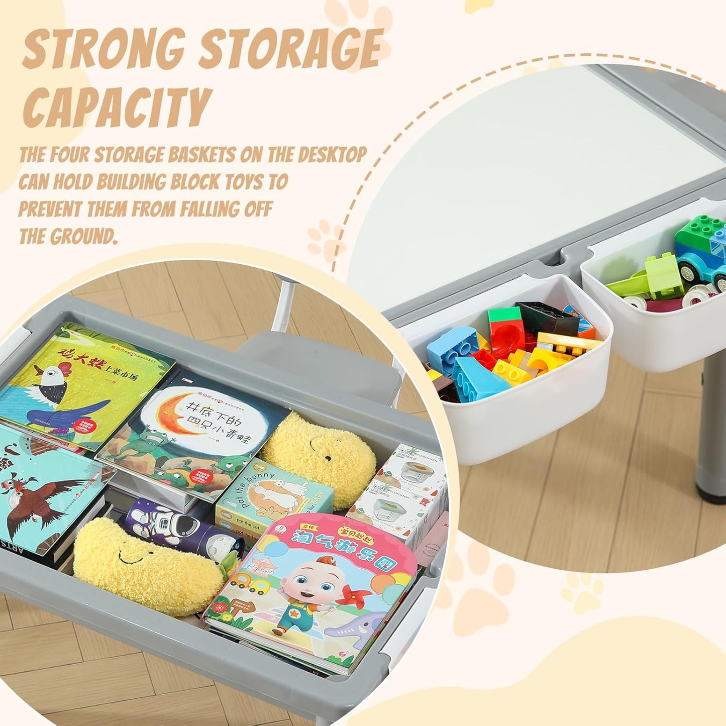 Multi Functional Kids Table and 2 Chairs Set, Graffiti & Building Blocks Double-Sided Tabletop