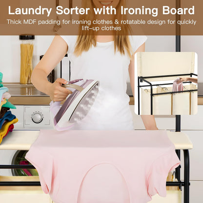MYOYAY 3 Section Laundry Sorter with Garment Hanging Bar Rack Foldable Ironing Board, Laundry