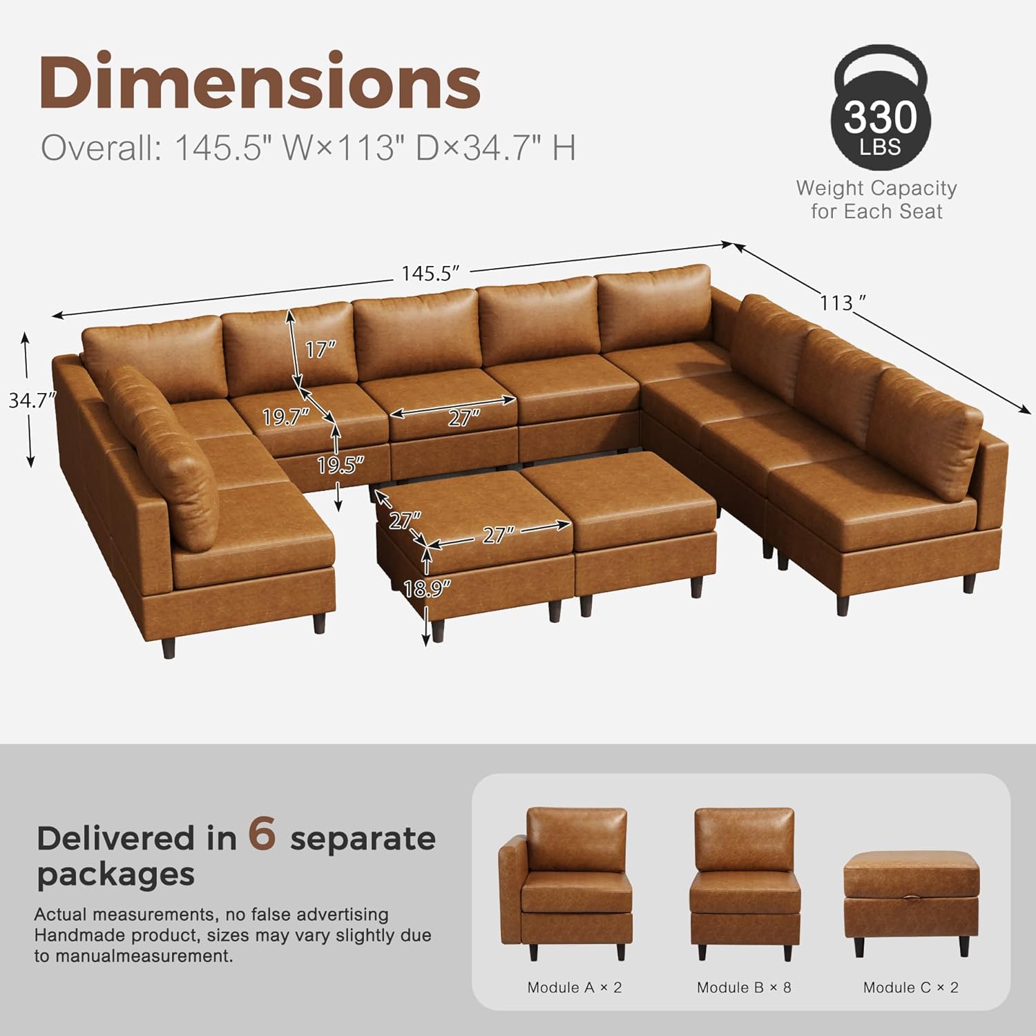 Oversized 145.5" Faux Leather Modular Sectional Sofa, Modern Large 12 Seater U Shaped Couch with