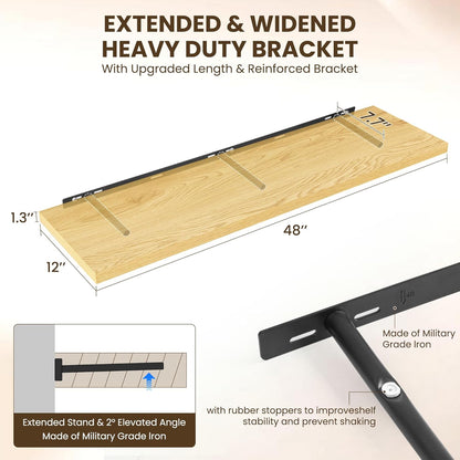 48" Floating Shelves for Wall, 12" Deep Slim Oak Floating Shelves, Wall-Mounted Shelves for