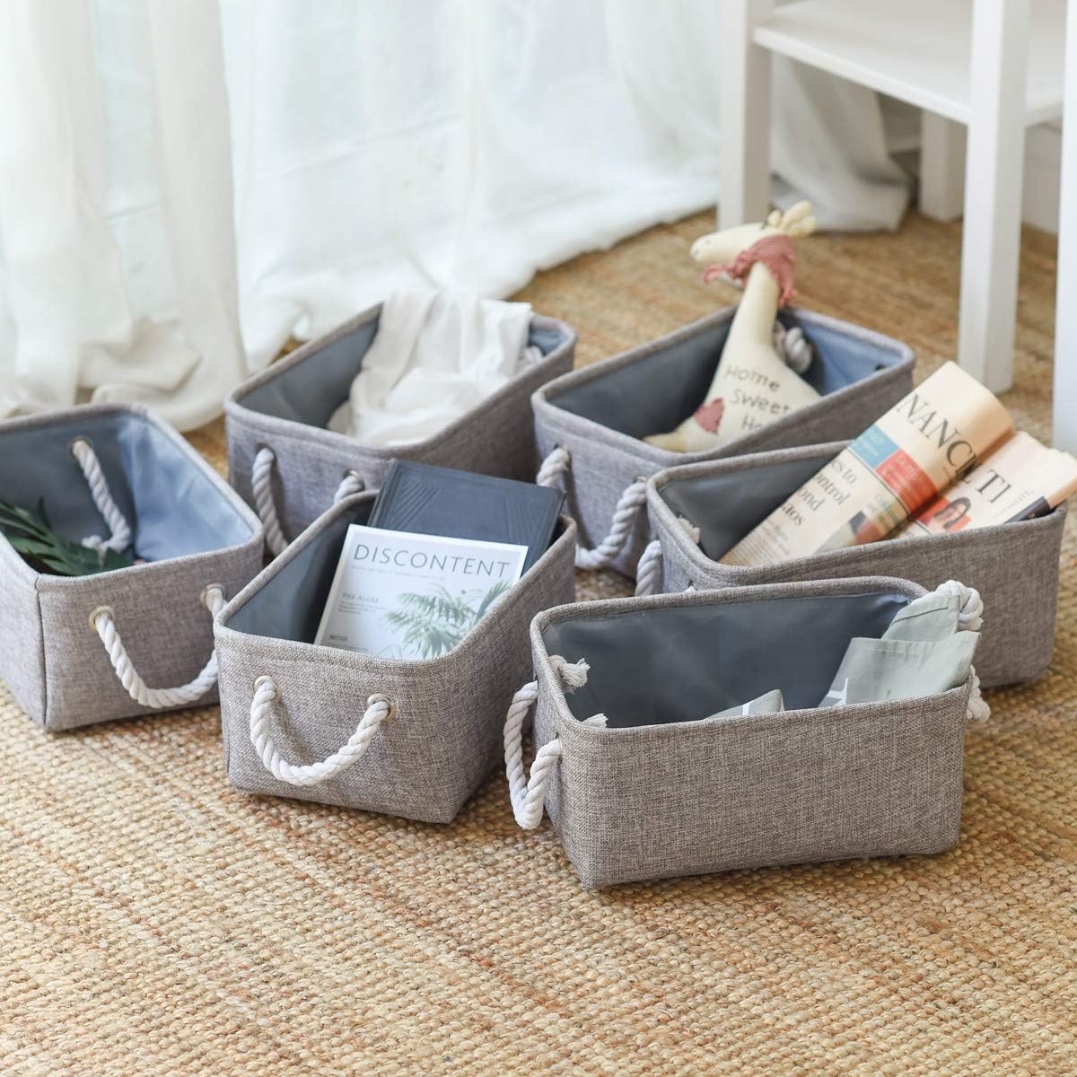 TheWarmHome Foldable Small Storage Baskets with Strong Cotton Rope Handles [6-Pack] Gray
