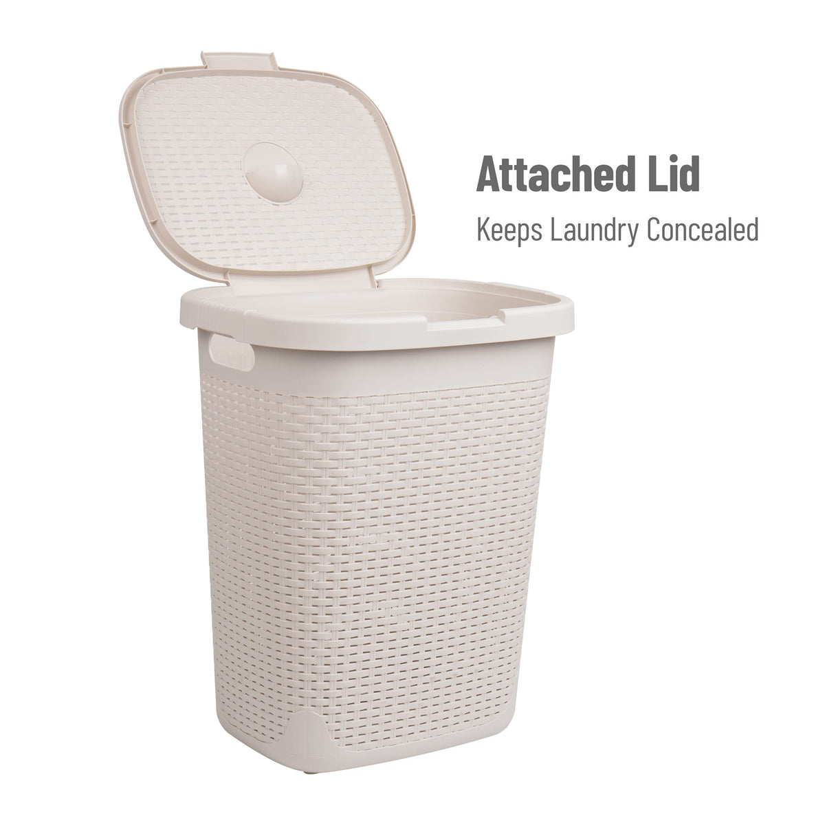 Mind Reader Slim Laundry Hamper with Lid, 50L Clothes Basket, Premium Wicker Design, Plastic, Ivory