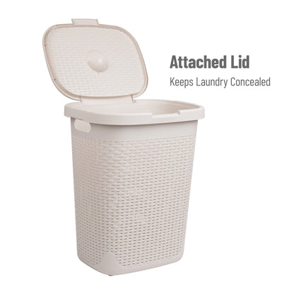 Mind Reader Slim Laundry Hamper with Lid, 50L Clothes Basket, Premium Wicker Design, Plastic, Ivory