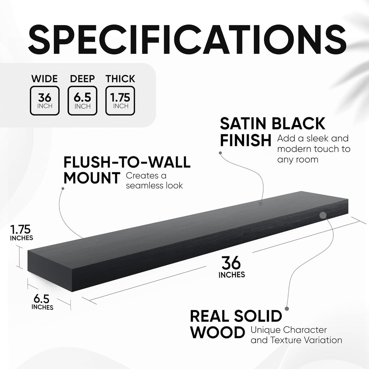 Homeforia Black Floating Shelves 36 inches Long, High End Solid Real Wood 36 inch Floating Shelf
