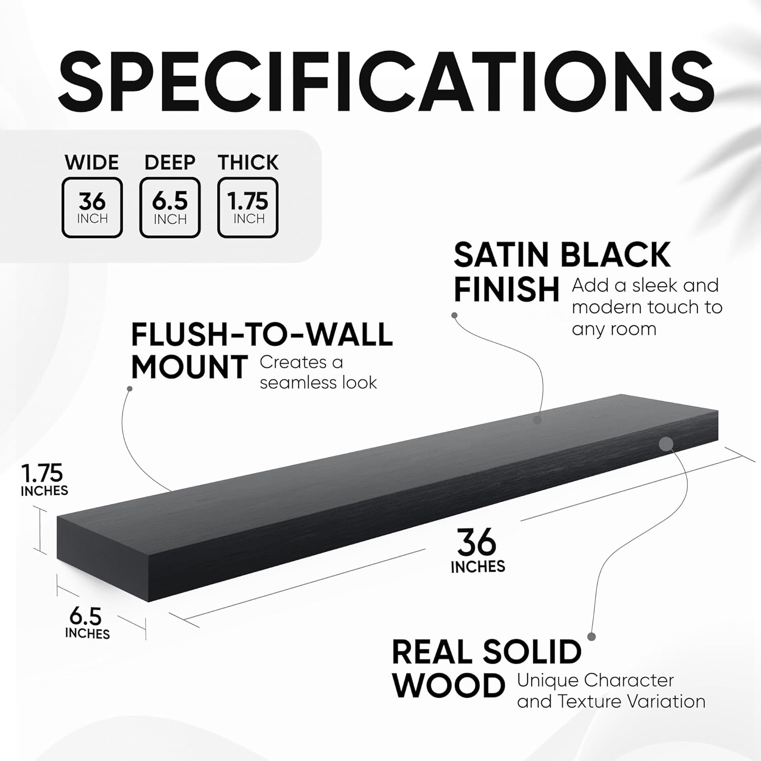 Homeforia Black Floating Shelves 36 inches Long, High End Solid Real Wood 36 inch Floating Shelf
