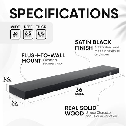Homeforia Black Floating Shelves 36 inches Long, High End Solid Real Wood 36 inch Floating Shelf