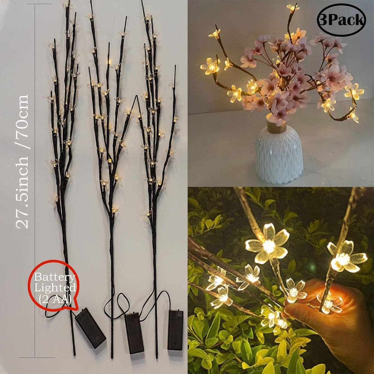 3 Pack Battery Lighted Branch Flowers Lights with 12 Colored 3D Butterfly Indoor Bedroom