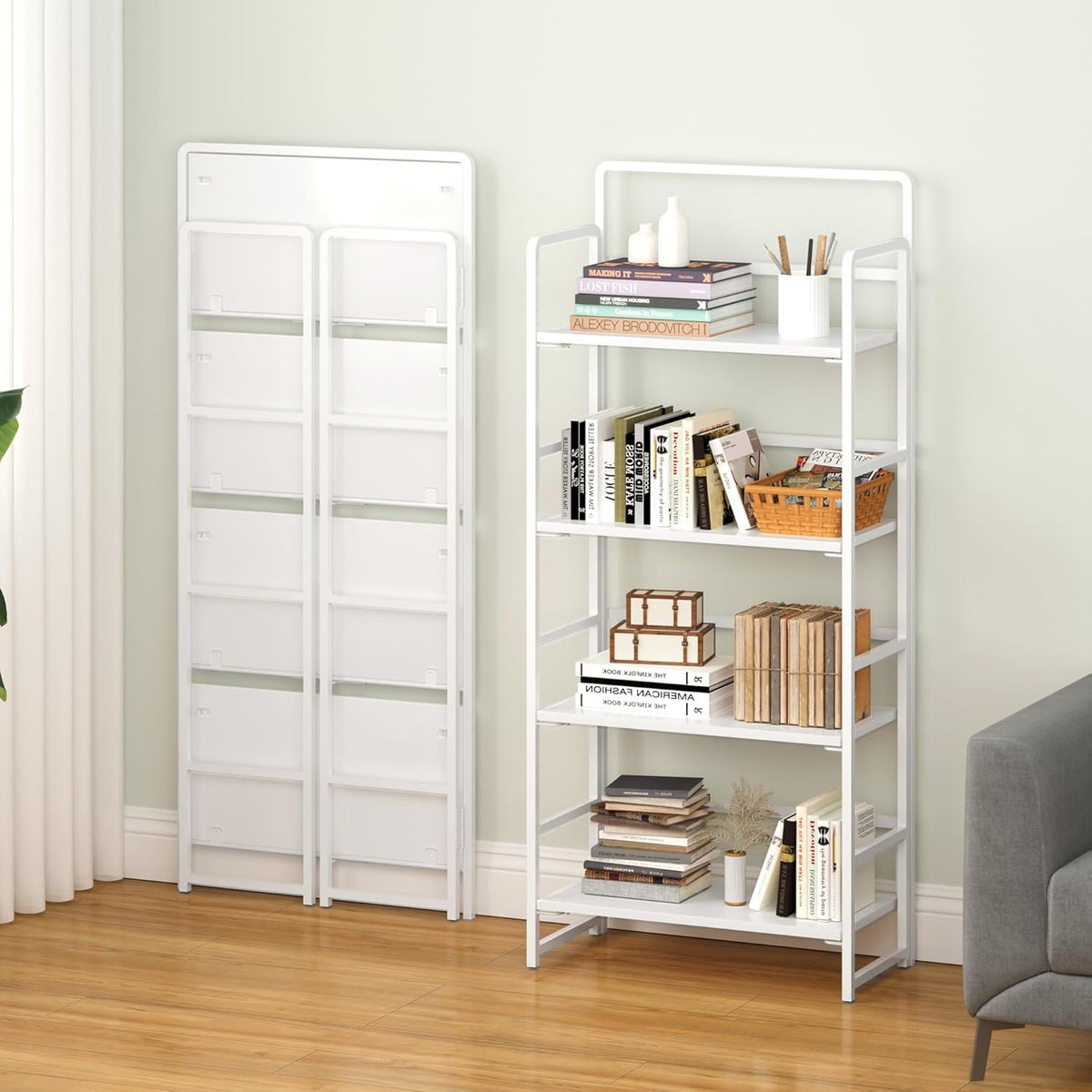 4NM No Assembly Foldable Bookshelf, 4-Shelf Collapsible Bookcase Storage for Small Spaces, 54" H