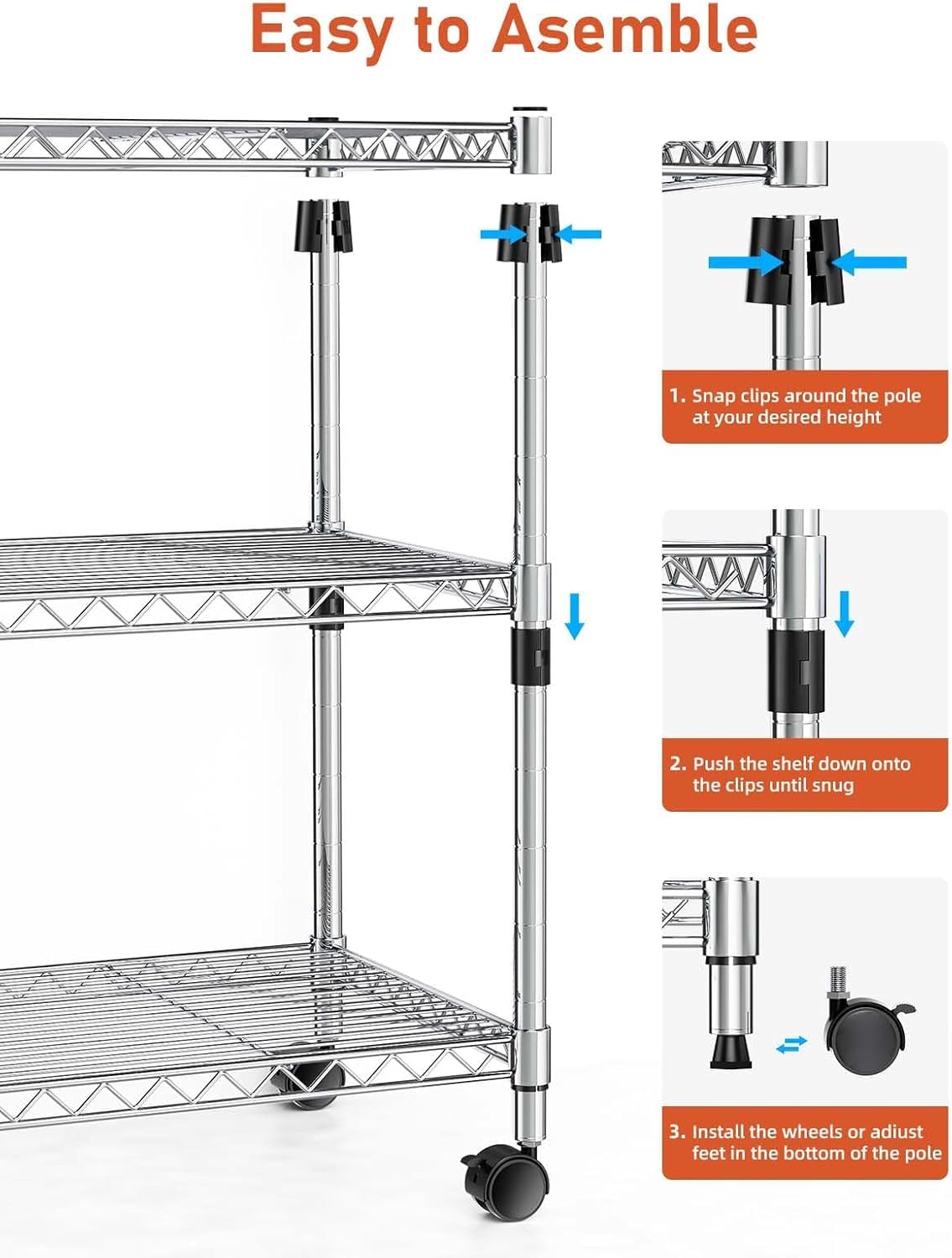 Simple Deluxe Heavy-Duty 3-Tier Rolling Shelving Unit, Adjustable Steel Wire Shelf, 24.02" W x