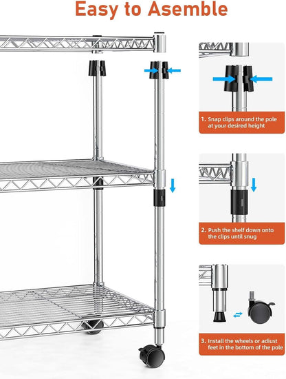 Simple Deluxe Heavy-Duty 3-Tier Rolling Shelving Unit, Adjustable Steel Wire Shelf, 24.02" W x